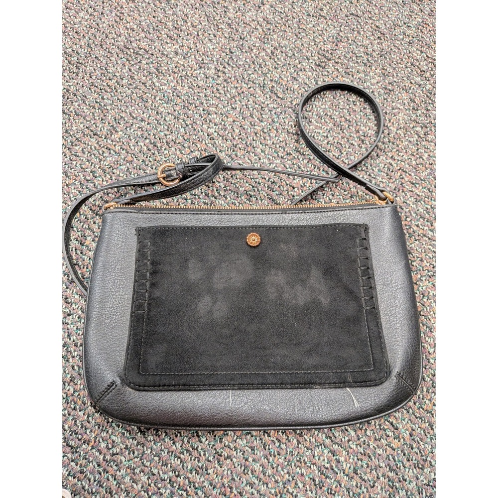 LC Lauren Conrad‎ Black Faux Leather Crossbody Bag Suede Pocket Gold Hardware